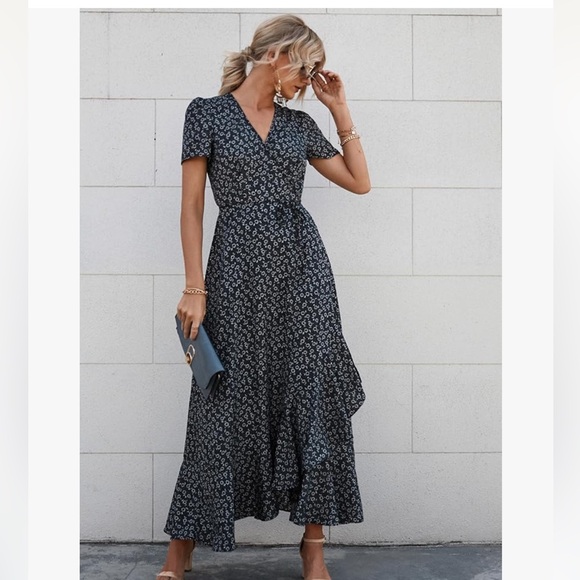 PRETTYGARDEN Maxi Dress Wrap Floral Boho Short Sleeve Black & White Sz L - Picture 5 of 9